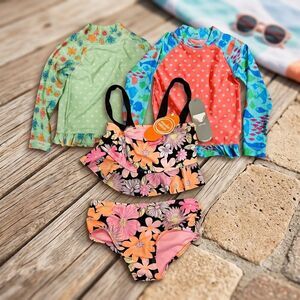 Girls Size 4T 4-5 Swim Lot L.L. Bean Fish Floral Rash Guards Wonder Nation Set